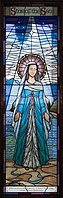 Stained glass window by Jo Tinney, Alpha Stained Glass Studio Derry, depicting Our Lady, Star of the Sea with the Donegal Bay as seen from Bundoran in the background.