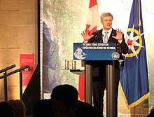 Harper appearing at a gala at the Royal Ontario Museum in Toronto to celebrate the discovery of HMS Erebus, one of two ships wrecked during John Franklin's lost expedition. Canadian Prime Minister Stephen Harper @ the Royal Ontario Museum in Toronto.jpg