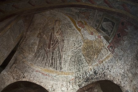 Romaneaque frescoes of women at the tomb of Christ, north transept