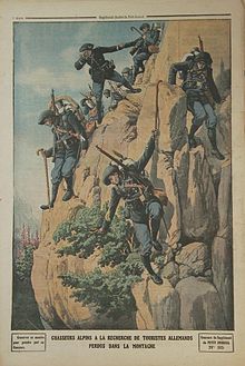 Early illustration of alpine hunters in mountainous terrain.