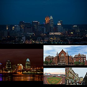 Images, from top, left to right: Cincinnati Skyline, John A. Roebling Suspension Bridge, Cincinnati Music Hall, Great American Ball Park, and the Findlay Market