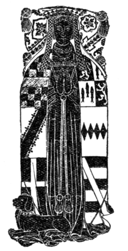 Fig. 22.—Brass of Margaret (daughter of Henry Percy, Earl of Northumberland), second wife of Henry, 1st Earl of Cumberland, in Skipton Parish Church. Arms: On the dexter side those of the Earl of Cumberland, on the sinister side those of Percy.