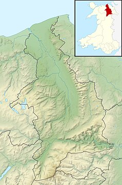 Mapa konturowa Denbighshire, po lewej nieco u góry znajduje się punkt z opisem „Pontnewydd Cave”