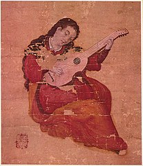 Slika iz obdobja Momojame (1573-1615), ki jo je ustvaril Hasegava Nobukata, prikazuje Evropejko, ki igra viola de mano.