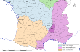 Localisation du département de l'Ardèche sur la carte des bassins hydrographiques français.