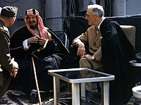 Franklin D. Roosevelt with King Ibn Saud aboard USS Quincy (CA-71) on 14 February 1945 (USA-C-545).jpg