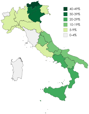 Frequency of use of regional languages in Italy, as the sole or principal languages at home, based on ISTAT data from 2015 Frequency of Dialect Use in Italy (2015).svg