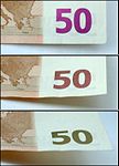 50유로 지폐에 시변각잉크로 인쇄된 액면 숫자