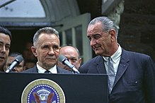 Alexei Kosygin, a member of the collective leadership, with Lyndon B. Johnson, President of the United States, at the 1967 Glassboro Summit Conference Glassboro-meeting1967.jpg