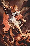 St Michael Archangel. The Archangel Michael trampling Satan,wears a late Roman military cloak and cuirass. 1636, Santa Maria della Concezione dei Cappuccini, ローマ