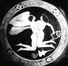 Hyacinthus and Zephyrus. Attic Red Figure Kylix. Attributed to Manner of Douris Painter. 500-450 B.C. Hyacinthus and Zephyrus.png