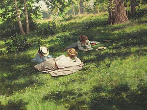 Three reading women in a summer landscape