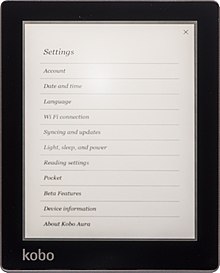 A Kobo Aura's settings menu Kobo Aura.jpg