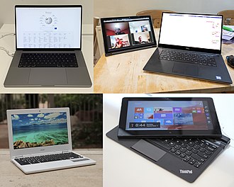 Clockwise from top left: A 2021 MacBook Pro by Apple Inc.; a 2019 Microsoft Surface Pro 7 with detachable hinge (left) and a 2018 Dell XPS 15 9570 with 360 degree hinge (right); a 2014 ThinkPad Helix by Lenovo with detachable screen; and a 2014 Acer Chromebook 11 Laptop collage.jpg