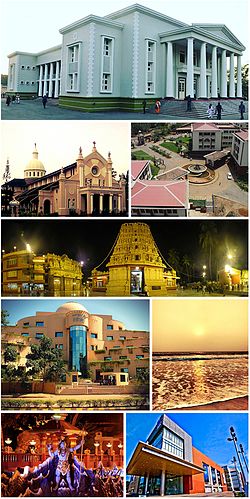 Left to Right: Town Hall, Our Lady of Rosary Church, Yenepoya University, Kudroli Gokarnanatheshwara Temple, Infosys Kottara campus, Tannirbhavi Beach, Shiva statue, Forum Fiza Mall