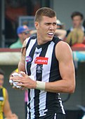 Mason Cox in 2017 as 211.5 cm (6 ft 11 in) Collingwood ruck/forward Texas born and raised to the age of 23