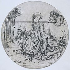 Drypoint of Aristotle ridden by Phyllis by the Housebook Master. c. 1490