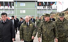 Gerasimov with Shoigu, Putin and Kyrgyz President Sooronbay Jeenbekov at the Center-2019 military exercise Military exercises Center-2019-06.jpg