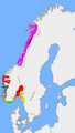 Pequeños reinos c. 860 d.C. a la muerte de Halfdan el Negro. En rojo está el reino heredado por Harald I de Noruega.