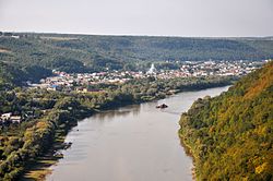 The village as seen from the Dniester (the outskirts of Zalishchyky are visible in the lower-left corner)