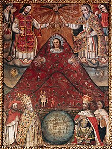 The Potosi Madonna depicts the Cerro Rico in Potosi with the face of the Virgin Mary, evoking the Andean earth mother Pachamama. The Holy Trinity, Christian angels and saints, and the Sun and Moon (which the Incas saw as gods) are shown at the top of the painting, and Spanish authorities look on from below, while an Inca in royal garb is seen on the hill itself. PMa BOL 107 Potosi.jpg