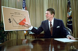 U.S. President Ronald Reagan gives a televised address from the Oval Office outlining his plan for tax reductions in July 1981. President Ronald Reagan addresses the nation from the Oval Office on tax reduction legislation.jpg