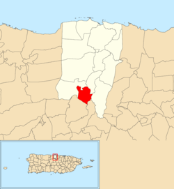 Location of Quebrada Arenas within the municipality of Vega Baja shown in red