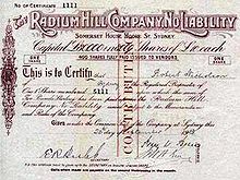 Share certificate dated 1913 issued by the Radium Hill Company Radium Hill share certificate.jpg