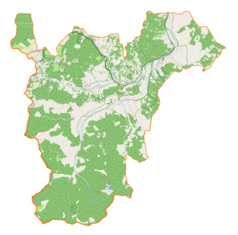 Mapa konturowa gminy Rajcza, blisko centrum na prawo u góry znajduje się punkt z opisem „Telewizyjna Stacja Retransmisyjna Rajcza „Góra Hutyrów””