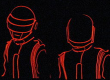 Two robotic figures outlined in red can be seen against a black background.