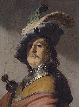 Büste eines Mannes mit Halsberge und gefiedertem Barett (Rembrandt van Rijn)