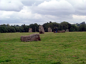 Large stones, some lying and some standing on end in grassy area