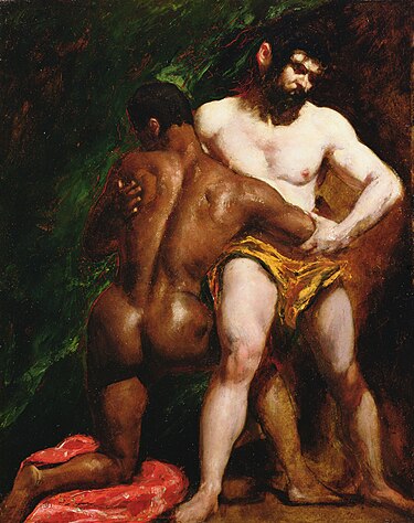 Right, a bearded white man wearing a yellow loin-cloth wrestles with a black man, left, who is on one knee. Rich green background.