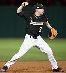 A Tigers baseball player during a game in 2015 Towson baseball (16337101860) (cropped).jpg