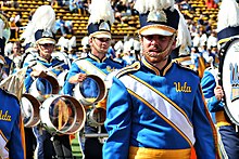 The UCLA marching band dressed in the school's "True Blue" and gold colors in 2010 UCLA marching band 2010.jpg