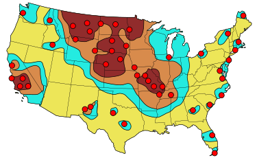 FEMA-estimated primary counterforce targets for Soviet ICBMs in 1990. The resulting fall-out is indicated with the darkest considered as lethal to lesser fall-out yellow zones. US nuclear strike map.svg