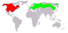 Ondatra levila (looduslik punasega, introdutseeritud rohelisega; Lõuna-Ameerikasse introdutseeritud isendite levilat kaart ei kajastata)