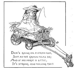 Cartoon of a child sitting in a cart hitched to a much smaller toy horse, as if expecting the horse to pull him along