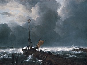 Ταραγμένη θάλασσα στην προκυμαία. Λάδι σε καμβά, δεκαετία 1650