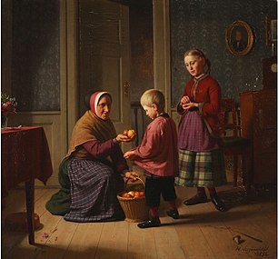 Kvinde byder børn på æbler, 1856