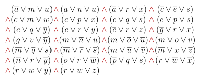 The Boolean satisfiability problem (SAT) asks to determine if a propositional formula (example depicted) can be made true by an appropriate assignment ("solution") of truth values to its variables. While it is easy to verify whether a given assignment renders the formula true, no essentially faster method to find a satisfying assignment is known than to try all assignments in succession. Cook and Levin proved that each easy-to-verify problem can be solved as fast as SAT, which is hence NP-complete. 3SAT 17 svg.svg