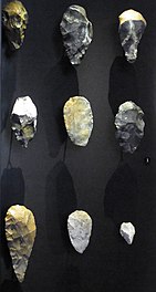 Acheulean hand axes and hand axe-like implements, flint, 800,000-300,000 BC Acheulean implements. Flint. Abbeville, St Acheul. Neues Museum.jpg