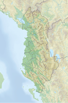 Mapa konturowa Albanii, u góry nieco na lewo znajduje się owalna plamka nieco zaostrzona i wystająca na lewo w swoim dolnym rogu z opisem „Jezioro Szkoderskie”