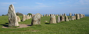 Ale's Stones at Kaseberga, around ten kilometres south east of Ystad, Sweden were dated at 56 CE using the carbon-14 method on organic material found at the site. Ales stenar bred.jpg