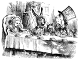 『不思議の国のアリス』の挿絵。ジョン・テニエル (1820–1914)作。著作権保護期間を過ぎており、パブリックドメインとしてアップロードされている。