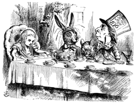 テニエルの挿絵：帽子屋達の狂ったお茶会に招かれたアリス。全然楽しくなさそうなアリスは、付き合いきれないと、そのうち席を立つ。