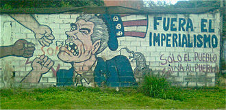 Hugo Chavez strongholds in Caracas slums, Venezuela, often feature political murals with anti-U.S. messages. Antiimperialismo caracas.jpg