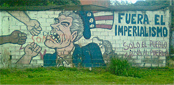 Anti-imperialist painting in Caracas, specifically targeting American imperialism. Written in Spanish "Out with imperialism, only the people save the people" Antiimperialismo caracas.jpg