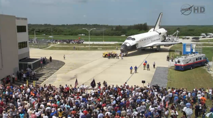 Atlantis after its final landing, marking the end of the Space Shuttle Program Atlantis welcome home ceremony outside the OPF July 22.png