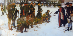 From the left armed with muskets, a standing rank of six US infantry, a kneeling rank of six infantry, then standing facing them from the right are General von Steuben instructing them with his arm outstretched, and two officers behind him.